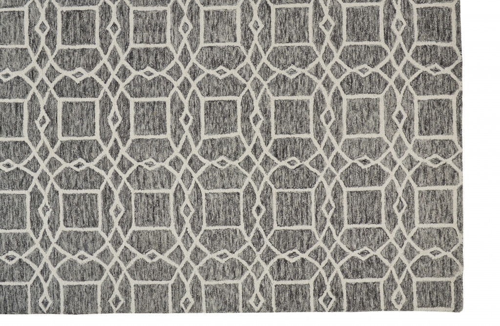 Geometric Tufted Handmade Area Rug - Black Gray And Ivory Wool - 9' X 12'