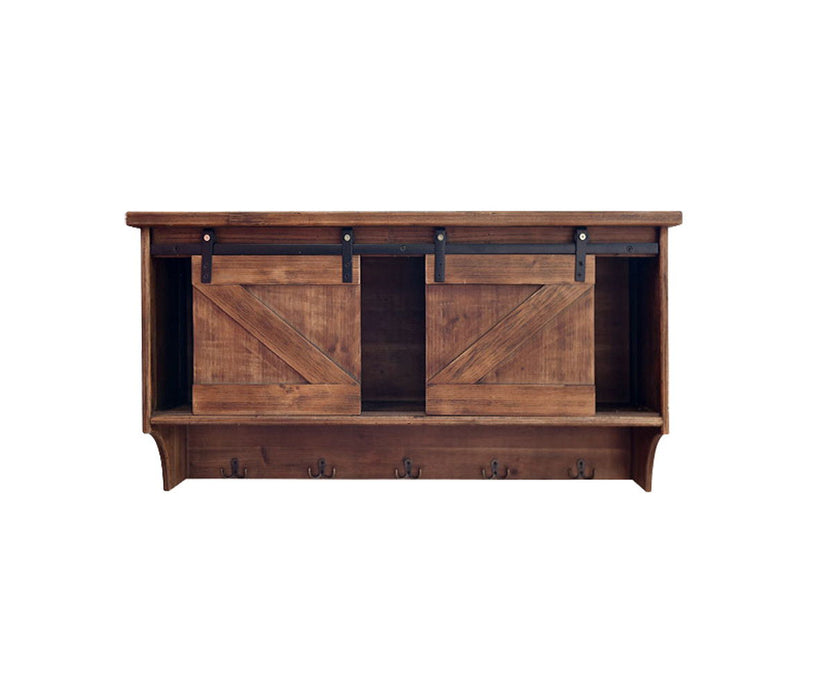 Wooden Shelf With Barn Door Storage And Hooks - Rustic