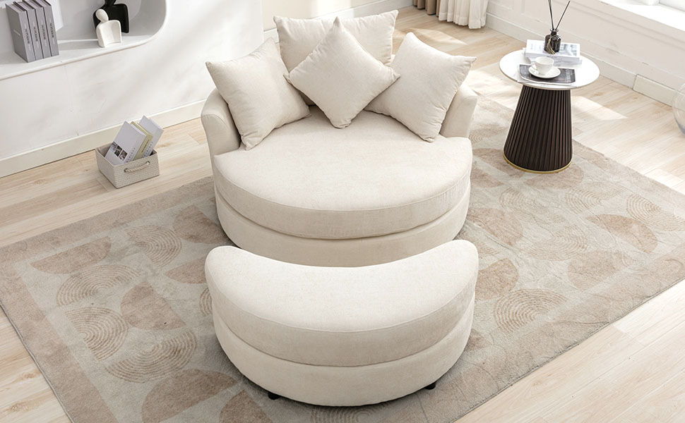 Orisfur. 360° Swivel Accent Barrel Chair With Storage Ottoman & 4 Pillows, Modern Chenille Leisure Chair Round Accent For Living Room, Cream