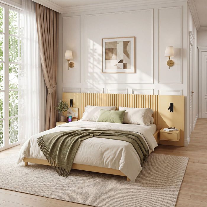 Platform Bed Frame With Built In Nightstands & Reading Lights Noble House
