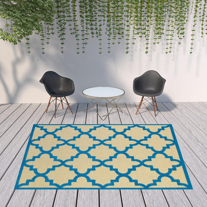 8' X 11' Geometric Stain Resistant Outdoor / Indoor Area Rug - Blue / Beige