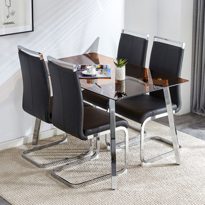 1 Table And 4 Chairs, Brown Tempered Glass Tabletop And Silver Metal Legs, Modern Minimalist Style Rectangular Glass Dining Table, Paired With 4 Modern Silver Metal Leg Chairs 1123 C - 1162 - Brown