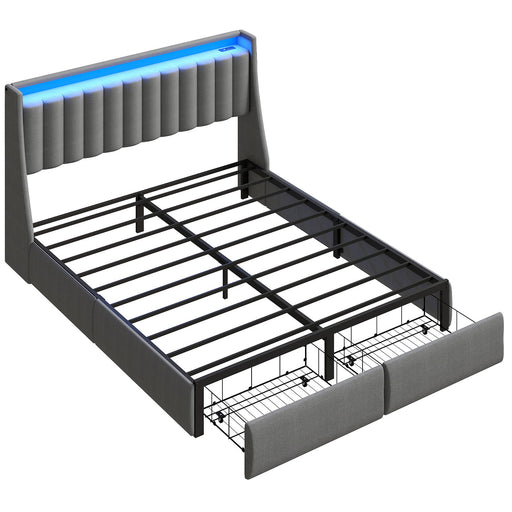 Upholstered Platform Bed Frame With RGB LED Lights, Charging Station & 2 Underbed Drawers Home Essentials