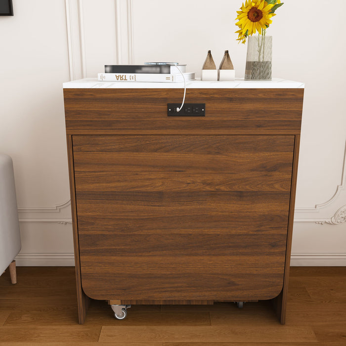 Extendable Dining Table With Power Socket, Lockable Casters, Storage Cabinet Home Essentials