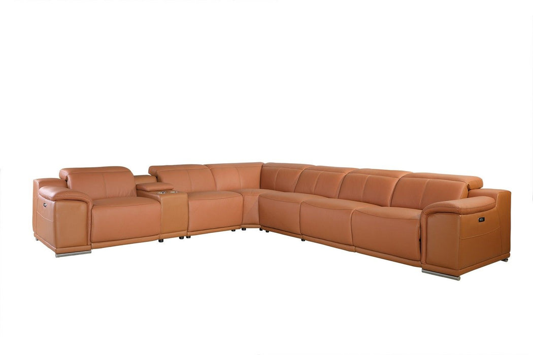 Power Reclining Italian Leather U Shaped Seven Piece Corner Sectional With Console - Camel