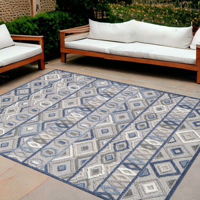 8' X 10' Abstract Stain Resistant Outdoor / Indoor Area Rug - Blue / Gray