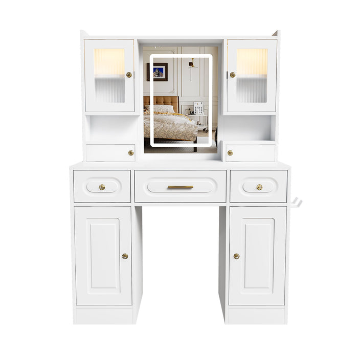 Large Vanity Table Set With Mirror, 6 Drawers & Shelves, Power Socket, Hair Dryer Holder, Cabinet Light, Dressing Desk - White Home Essentials