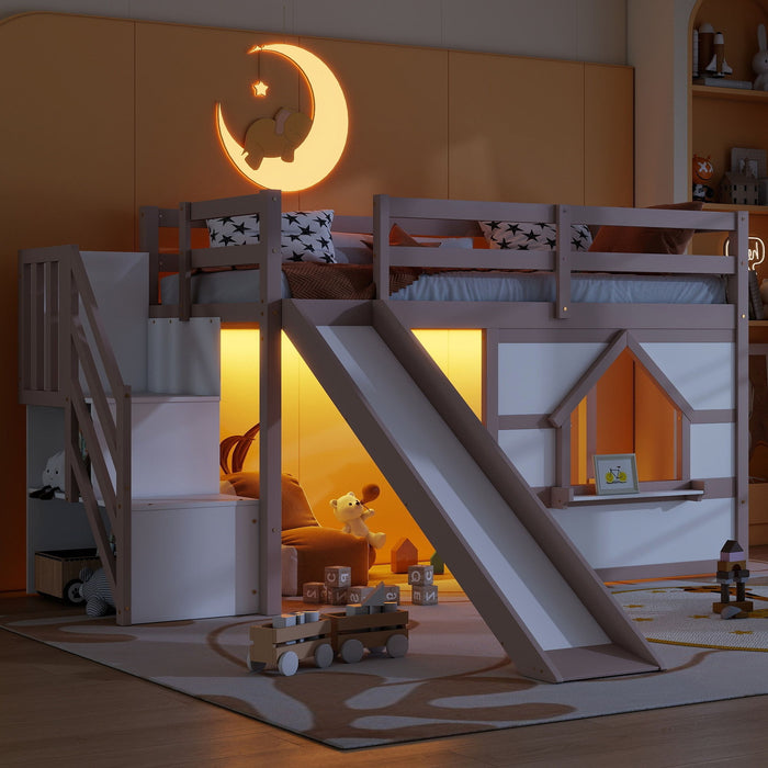 Loft Bed With Storage Stairs, Slide, Playhouse Window And 7 Colors LED Lights Home Essentials