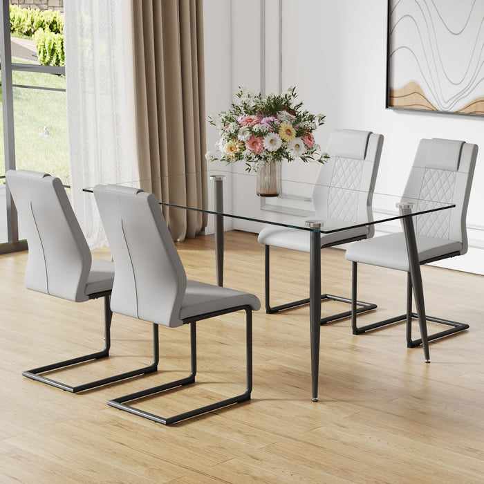 1 Table And 4 Chairs Set, Rectangular Table With Transparent Tabletop And Black Metal Legs, Paired With 4 Chairs With PU Leather Cushioned Seats And Black Metal Legs- Glass / Metal