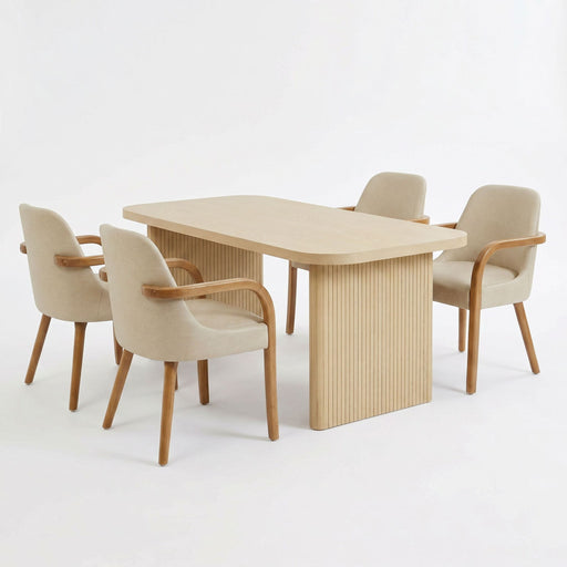5 Piece Indoor Dining Set With Fluted Table & Chairs - Khaki / Light Oak / Natural Noble House