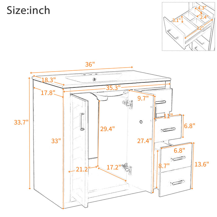 Bathroom Vanity With Sink, Storage Cabinet, Freestanding Set With 3 Drawers & Soft Closing Doors - Indigo