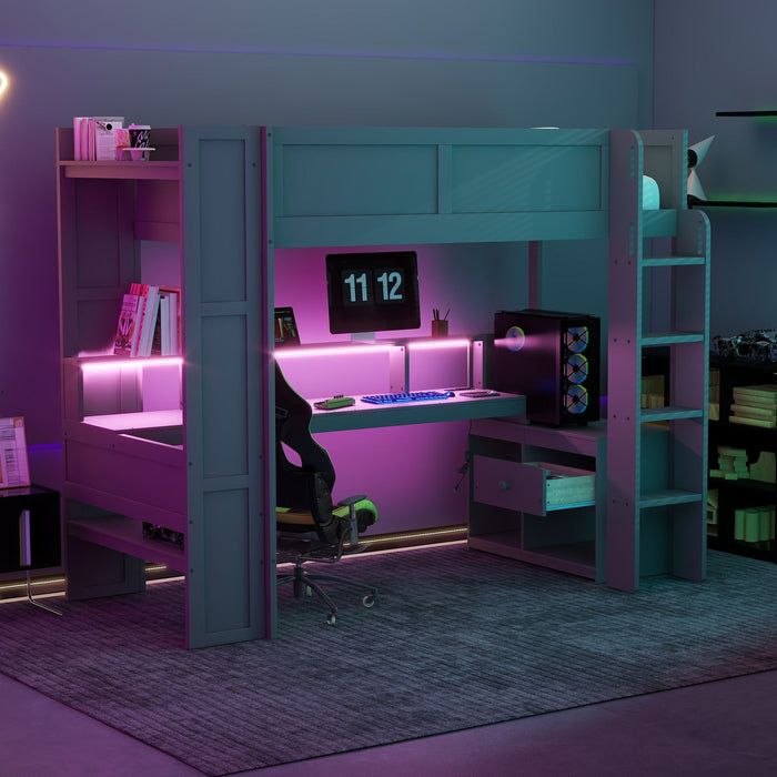 Gaming Loft Bed With Desk, Multi Storage Shelves, LED And Charging Station