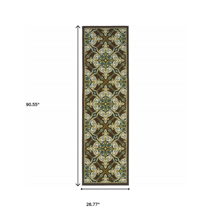 2' X 8' Floral Stain Resistant Indoor / Outdoor Area Rug - Brown / Ivory