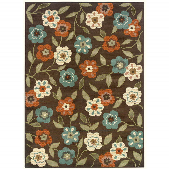 7' X 10' Floral Stain Resistant Outdoor / Indoor Area Rug - Brown / Ivory