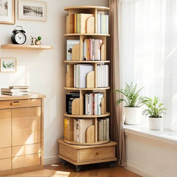 6 Tier Rotating Bookshelf With Wheels And Drawer, 360° Spinning Design, Space Saving Storage, For Home - Wood Home Essentials