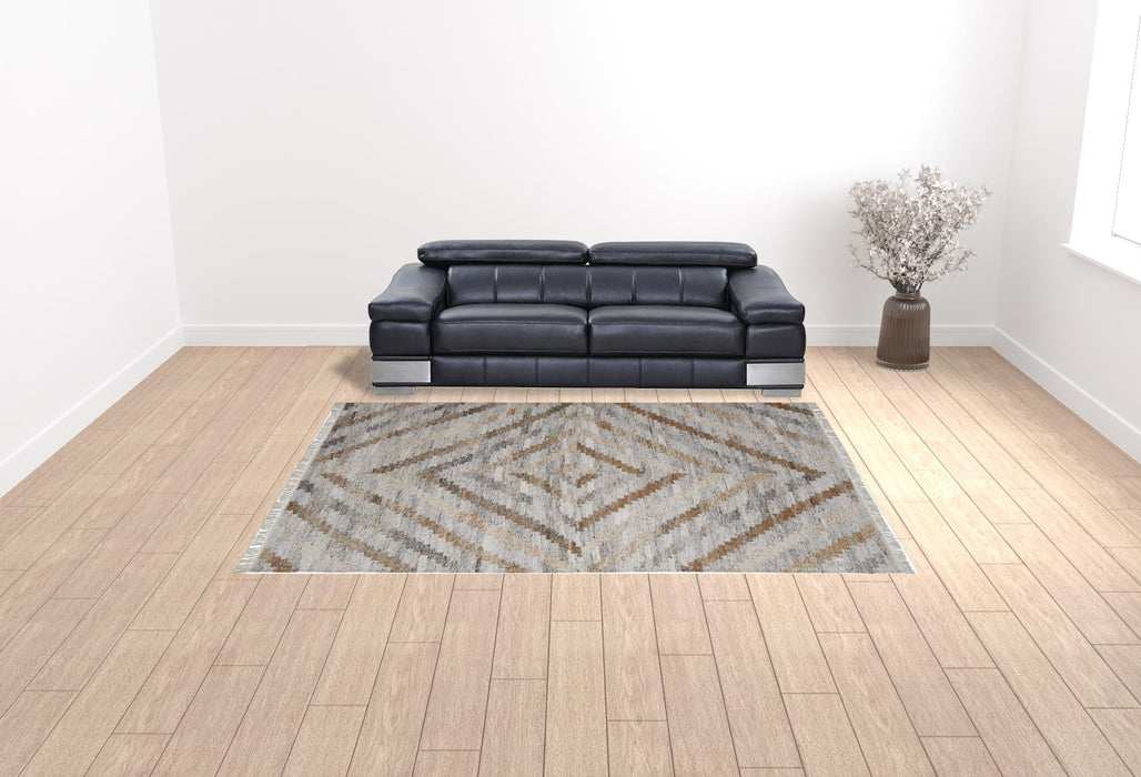 Geometric Hand Woven Stain Resistant Area Rug With Fringe - Ivory Gray And Tan - 9' X 12'