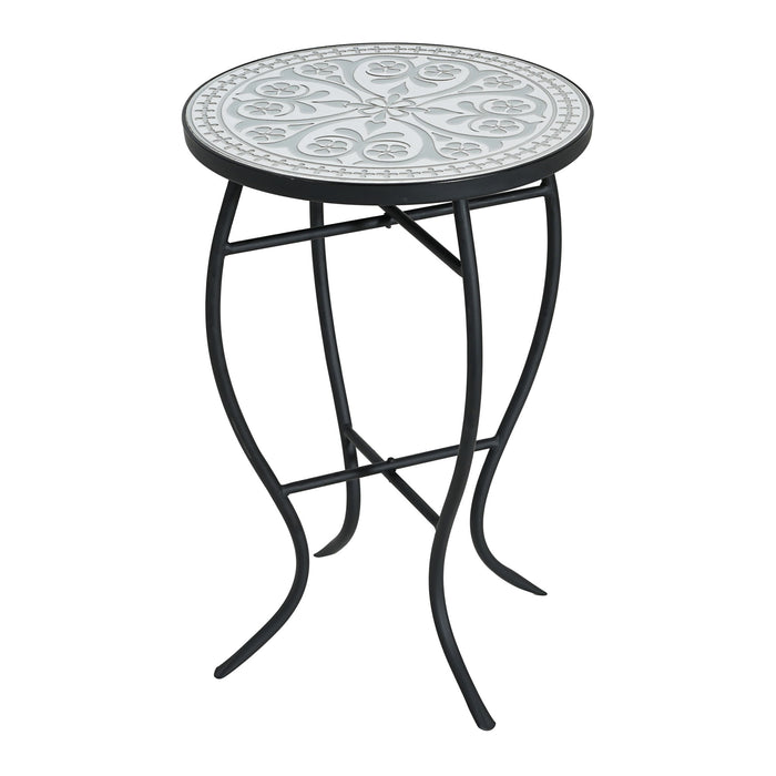 Outdoor Round Side Table With Mosaic Style Top And Curved Iron Legs Noble House