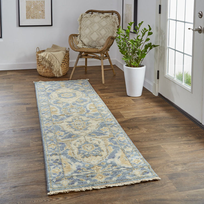 Floral Hand Knotted Stain Resistant Runner Rug With Fringe - Blue Gold And Tan Wool - 8'