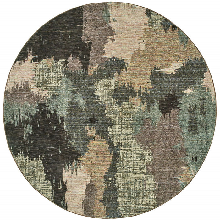8' Round Abstract Power Loom Area Rug - Blue And Ivory