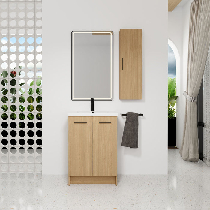 Freestanding Bathroom Vanity Set With Tall Linen Cabinet, Single Sink, Extra Storage, Soft Close Doors - Glossy White / Light Oak Home Essentials