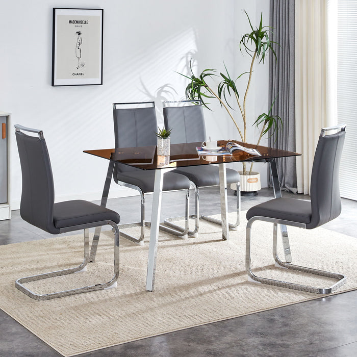1 Table And 4 Chairs, Brown Tabletop And Silver Metal Legs, Modern Minimalist Style Rectangular Glass Dining Table, Paired With 4 Modern Silver Metal Leg Chairs - Dark Brown - Glass