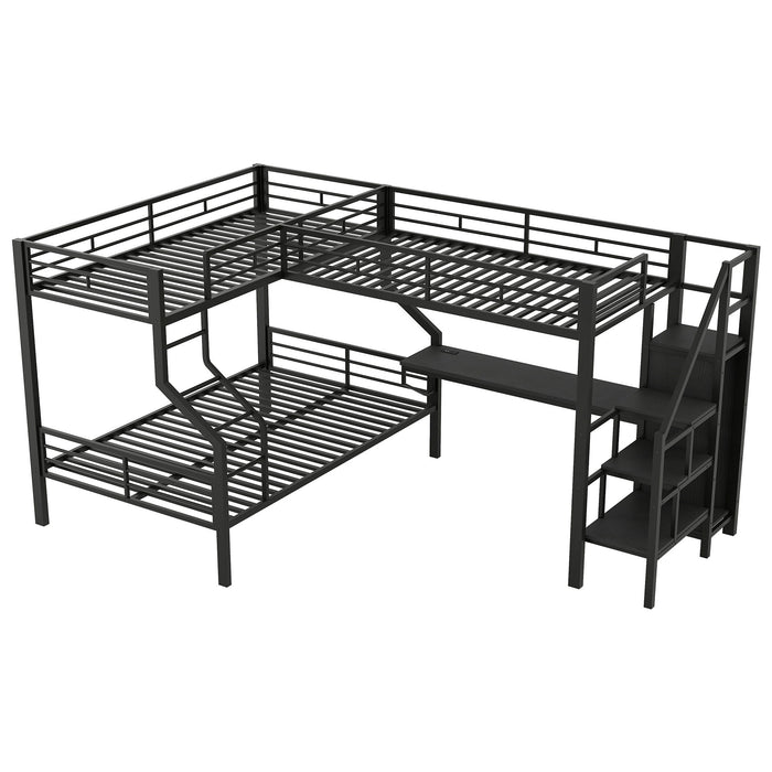 Twin Over Full L Shaped Bunk & Loft Bed With Built-In Wardrobe, Desk, And USB Ports - Black Dreamland