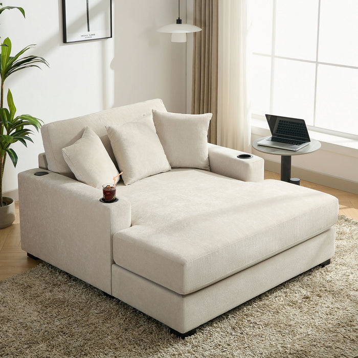 Oversized Chaise Lounger Modern Style Sofa Couch With Pillows, Charge Station & Cup Holders Hearth and Haven
