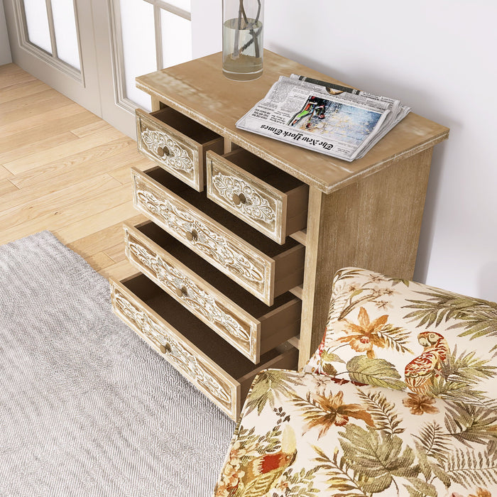 Hand - Carved Accent Drawer With 5 Drawers, Traditional Craftsmanship And Functionality Combined - Antique Brown