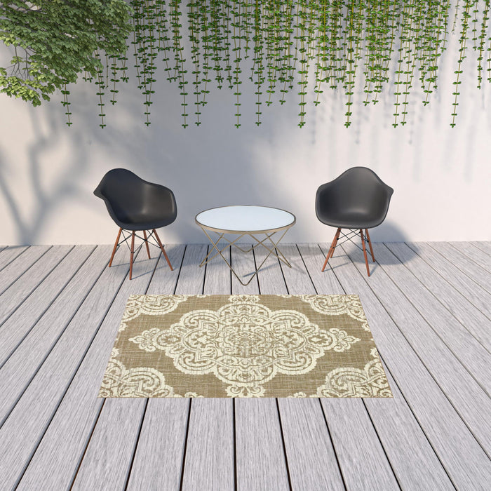 5' X 8' Oriental Stain Resistant Indoor / Outdoor Area Rug - Tan