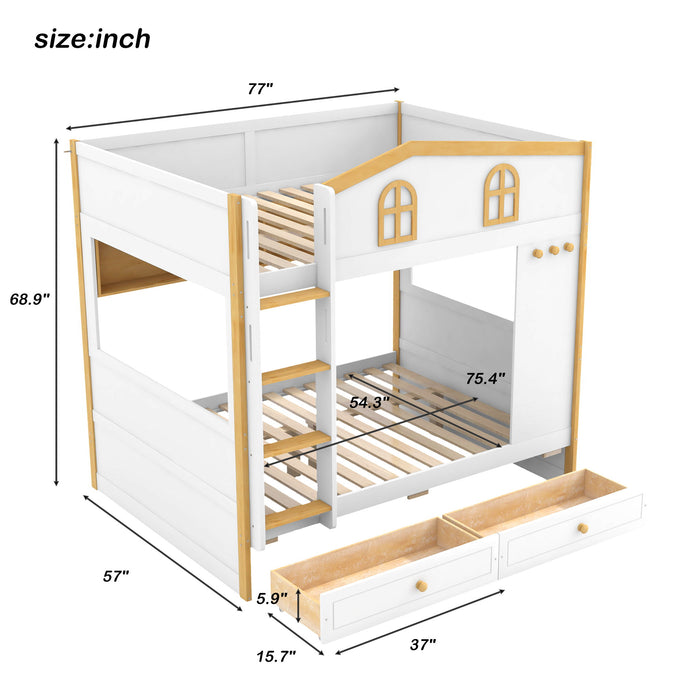 Bunk Bed With House Shaped Guardrails, Storage Shelves, And Trundle Dreamland