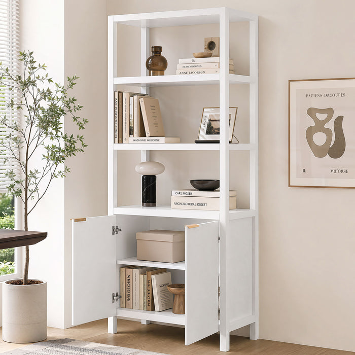 Modern Tall Storage Bookcase Cabinet With 2 Open Shelves & Double Doors Noble House