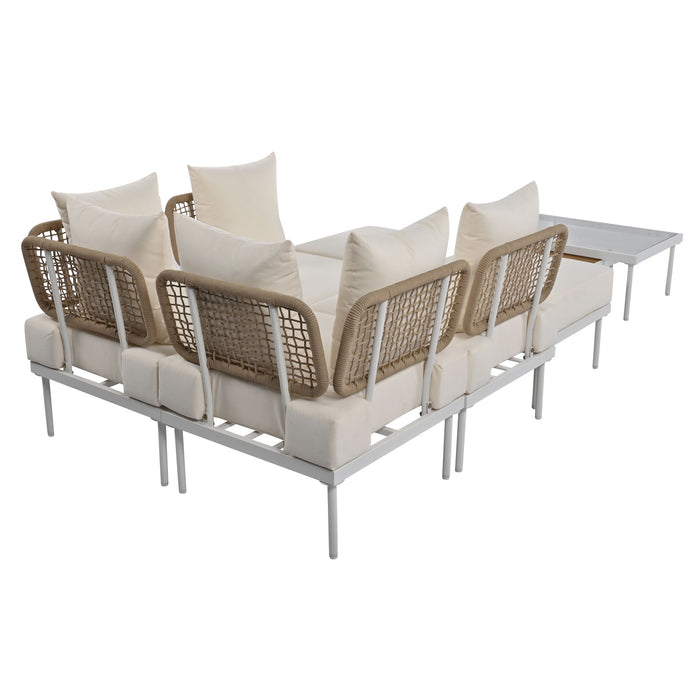 Trexm 8 Piece Patio Sectional Sofa Set With Tempered Glass Coffee Table And Wooden Coffee Table For Outdoor Oasis, Garden, Patio And Poolside (Beige Cushion / White Steel)