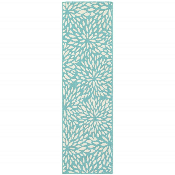 2' X 8' Floral Stain Resistant Indoor / Outdoor Area Rug - Blue / Ivory