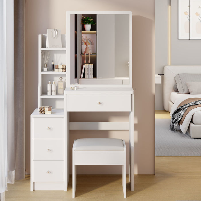 Small Space Left Bedside Cabinet Vanity Table / Cushioned Stool, Extra Large Right Sliding Mirror, Multi Layer High Capacity Storage, Practical Fashionable Dresser, Suitable For Girls Up To 5.6Ft Tall - White