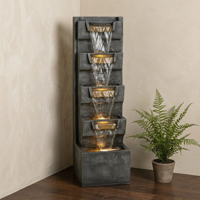 4 Tier Cascading Waterfall Fountain With Warm LED Lights, For Patio - Gray Daily Nest