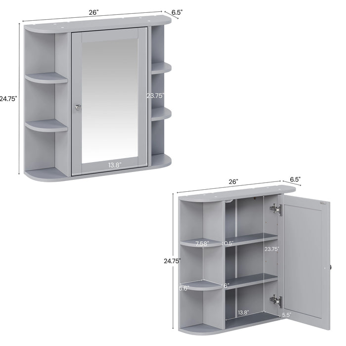 Bathroom Wall Storage Cabinet With Mirror And Adjustable Shelf, 6 Open Shelves Noble House