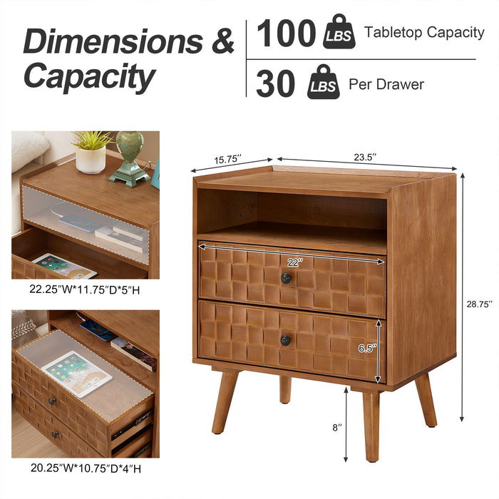 Nightstand With Charging Station, 2 Drawer Bedside Table With Shelf And USB / AC Ports Home Essentials