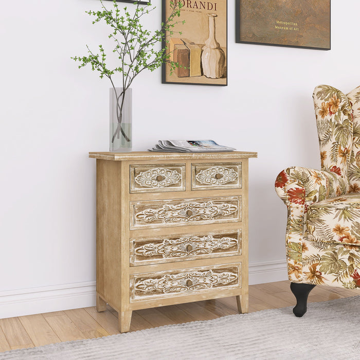 Hand - Carved Accent Drawer With 5 Drawers, Traditional Craftsmanship And Functionality Combined - Antique Brown