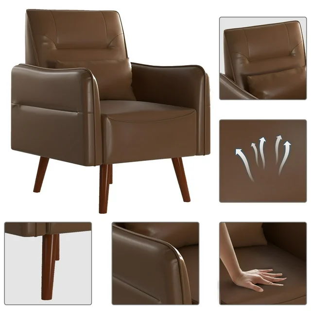 Accent Chair Modern PU Leather, Cozy Reading Armchair, Wood Legs - Wood Grain, For Adult - Coffee