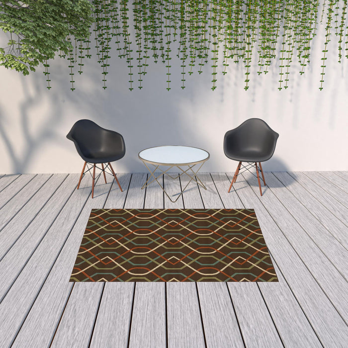 5' X 8' Geometric Stain Resistant Indoor / Outdoor Area Rug - Brown / Ivory