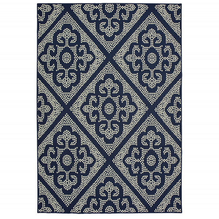 4' X 6' Geometric Stain Resistant Indoor / Outdoor Area Rug - Blue / Ivory