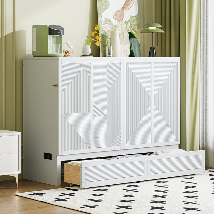 Full Size Murphy Bed With Large Drawer, USB Ports And Outlets - White