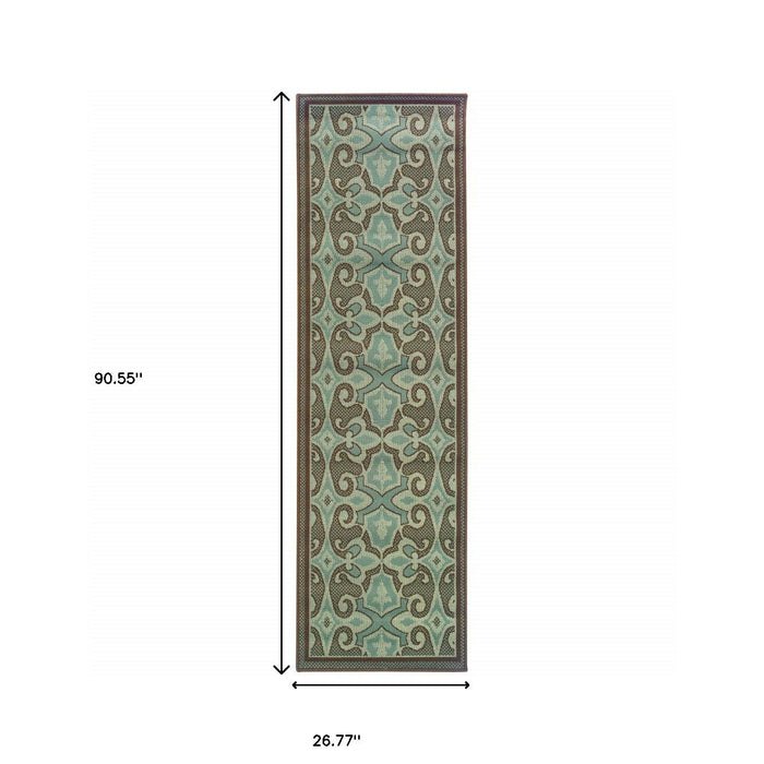 2' X 8' Oriental Stain Resistant Outdoor & Indoor Area Rug - Blue