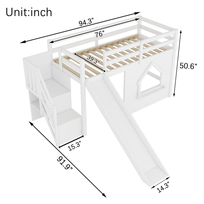 Loft Bed With Storage Stairs, Slide, Playhouse Window And 7 Colors LED Lights Home Essentials