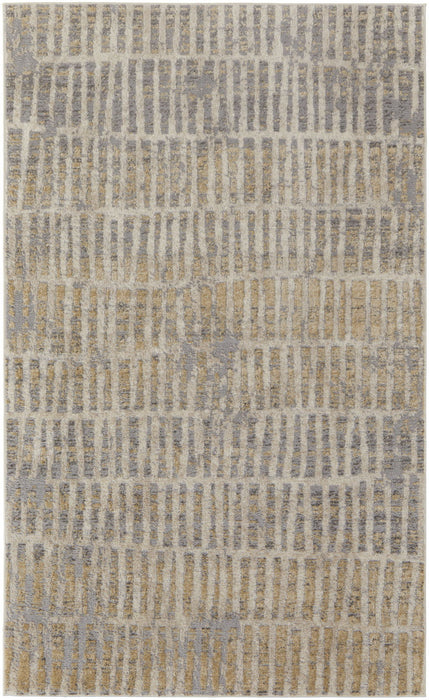 Geometric Power Loom Distressed Area Rug - Gray Ivory And Gold - 7' X 10'