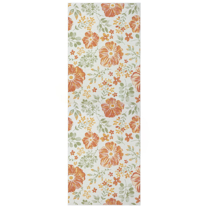 2' X 8' Floral Stain Resistant Indoor / Outdoor Runner Rug - Ivory Green / Orange