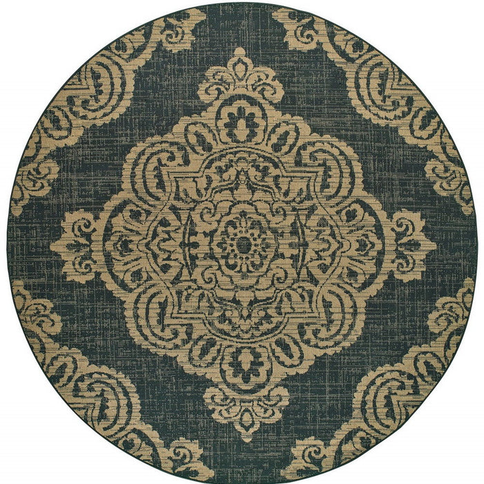 8' X 8' Round Oriental Stain Resistant Indoor / Outdoor Area Rug - Black / Tan