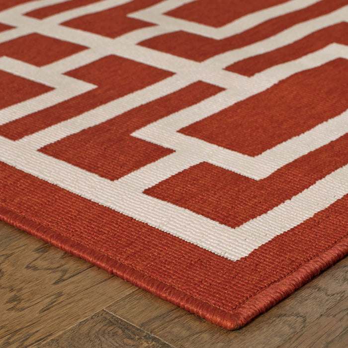 8' X 11' Geometric Stain Resistant Indoor Outdoor Area Rug - Red Ivory