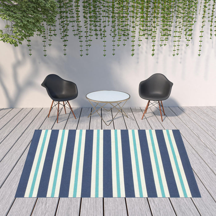 8' X 11' Geometric Stain Resistant Indoor Outdoor Area Rug - Blue / Ivory