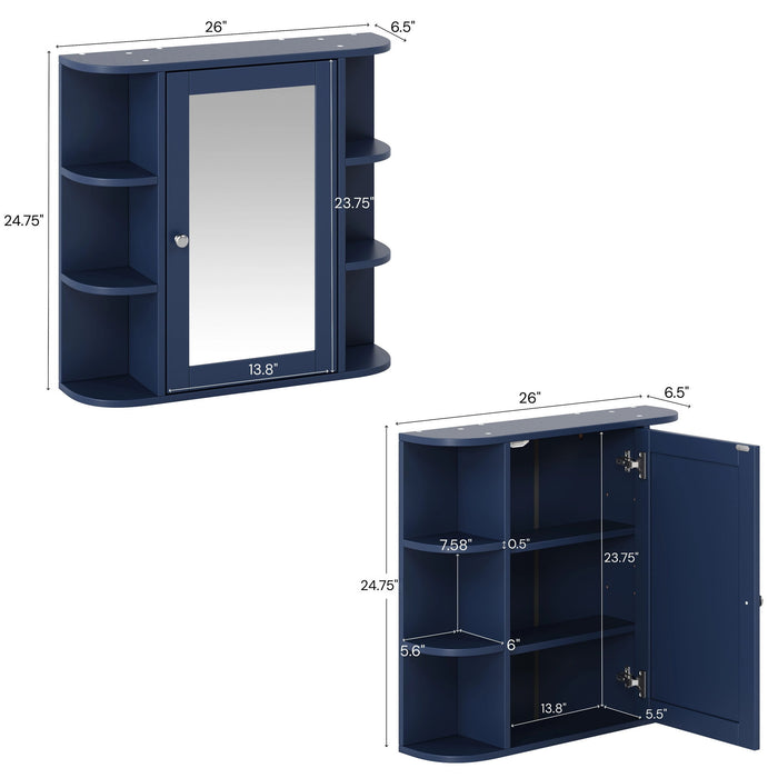 Bathroom Wall Storage Cabinet With Mirror And Adjustable Shelf, 6 Open Shelves Noble House